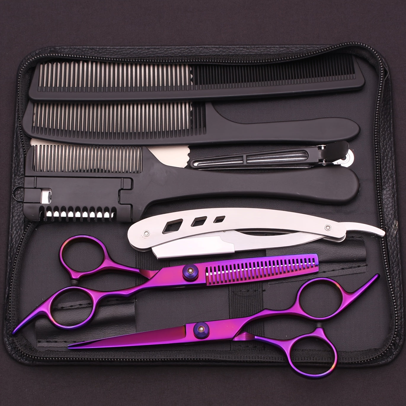Hair Cutting Scissors Set - Japan Stainless Steel Barber Shears with Thinning Scissors & Razor Comb, Professional Salon Kit for Women Men Home Haircut, Purple Rainbow Blue