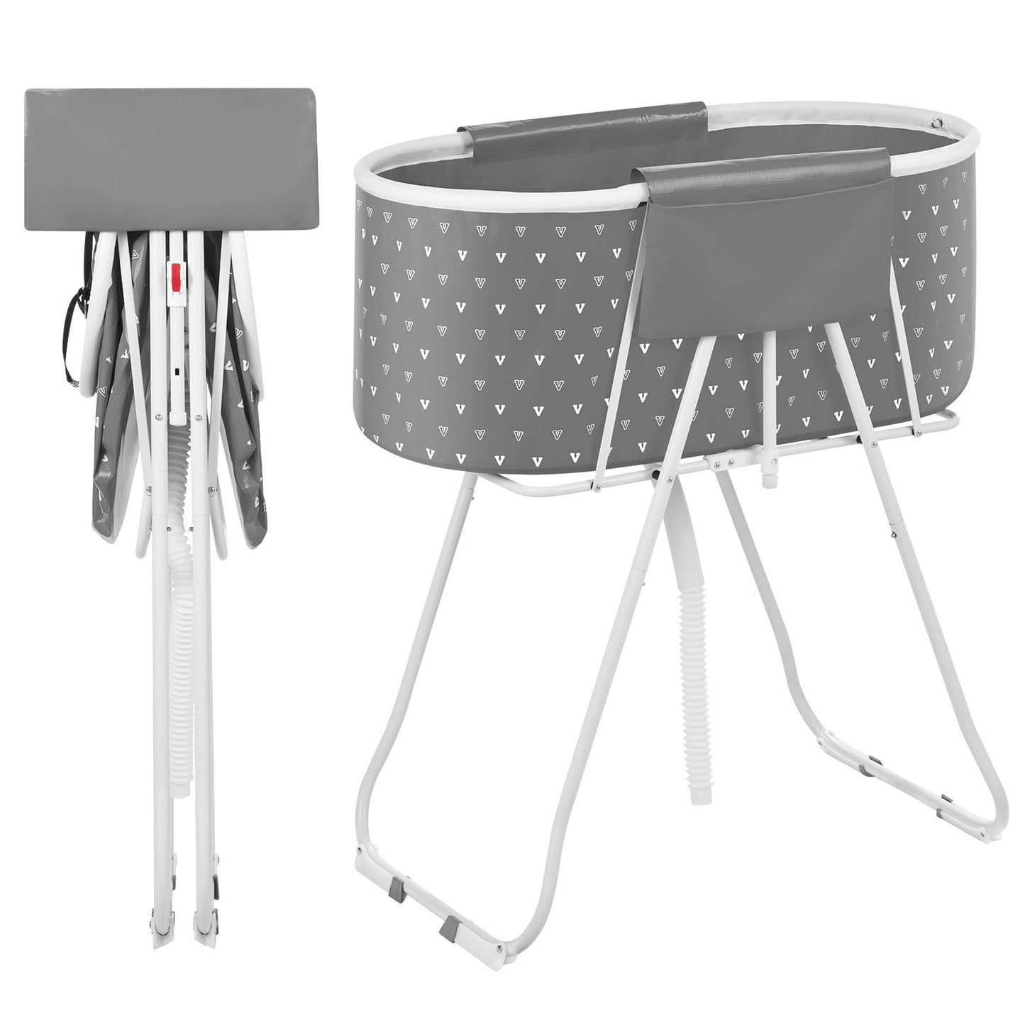 Elevated Foldable Pet Bathtub – Stand-Up Dog Grooming Tub with Carbon Steel Legs, 220 lbs Capacity & Expandable Drain Hose | 33"x18" PVC Tub for Pets 10–65 lbs | Space-Saving Collapsible Design | Gray