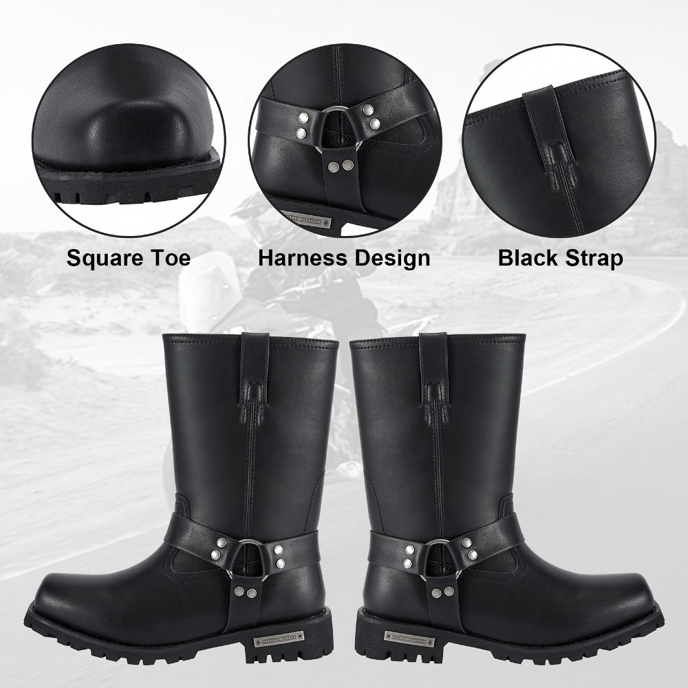 Men's Motorcycle Boots 11" Harness – PU Leather Non-Slip Square Toe Mid-Calf Biker Boots, Abrasion Resistant All-Season Riding Boots, Sizes US 8 to US 14, Black