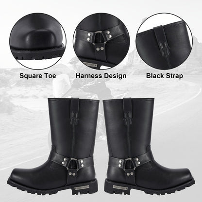 Men's Motorcycle Boots 11" Harness – PU Leather Non-Slip Square Toe Mid-Calf Biker Boots, Abrasion Resistant All-Season Riding Boots, Sizes US 8 to US 14, Black