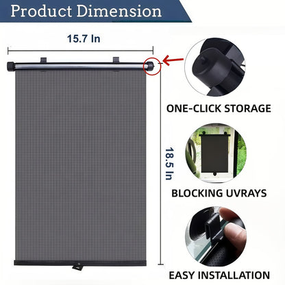 Car Window Curtains 2pcs Retractable PVC Side Window Shades One-Click Storage UV Block Anti-Glare Heat Shield Easy Install Suction Cup Hook Black Car Interior Accessory