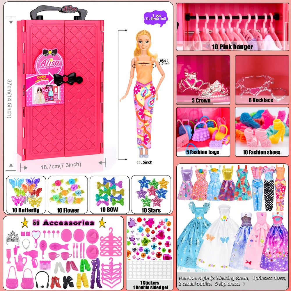 Fashion Doll Wardrobe Set 140pcs for 11.5 Inch Dolls – Deluxe Closet with Wedding Dress, Evening Gowns, Princess Dresses, Shoes, Necklaces & Accessories, Doll Included, Gift for Girls Ages 6-12