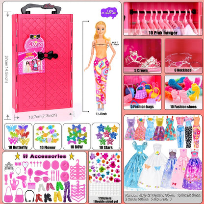 Fashion Doll Wardrobe Set 140pcs for 11.5 Inch Dolls – Deluxe Closet with Wedding Dress, Evening Gowns, Princess Dresses, Shoes, Necklaces & Accessories, Doll Included, Gift for Girls Ages 6-12