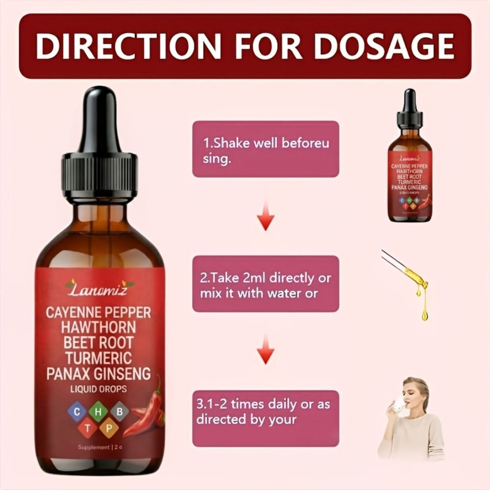 Cayenne Pepper Liquid Drops 2fl oz All-in-One Formula with Beet Root Turmeric Hawthorn Ginseng Ceylon Cinnamon - Daily Circulation Energy Heart Health Supplement Allergy-Friendly Unisex