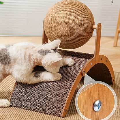 Cat Scratching Ball & Post 2-in-1 with Hanging Ball Toy - Extra Tall Sisal Cat Scratcher for Claw Sharpening, Heavy-Duty Scratching Pad for Kittens & Cats, Self-Adhesive Base, 6.69x14.57x11in
