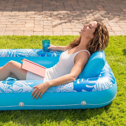 Inflatable Tanning Pool Float 4-in-1 Suntan Tub Raft for Adults – Large 70"x46" Sunbathing Lounger with Pillow, Ball Pit & Pool Party Lounge, Blue Floating Relaxation Bed