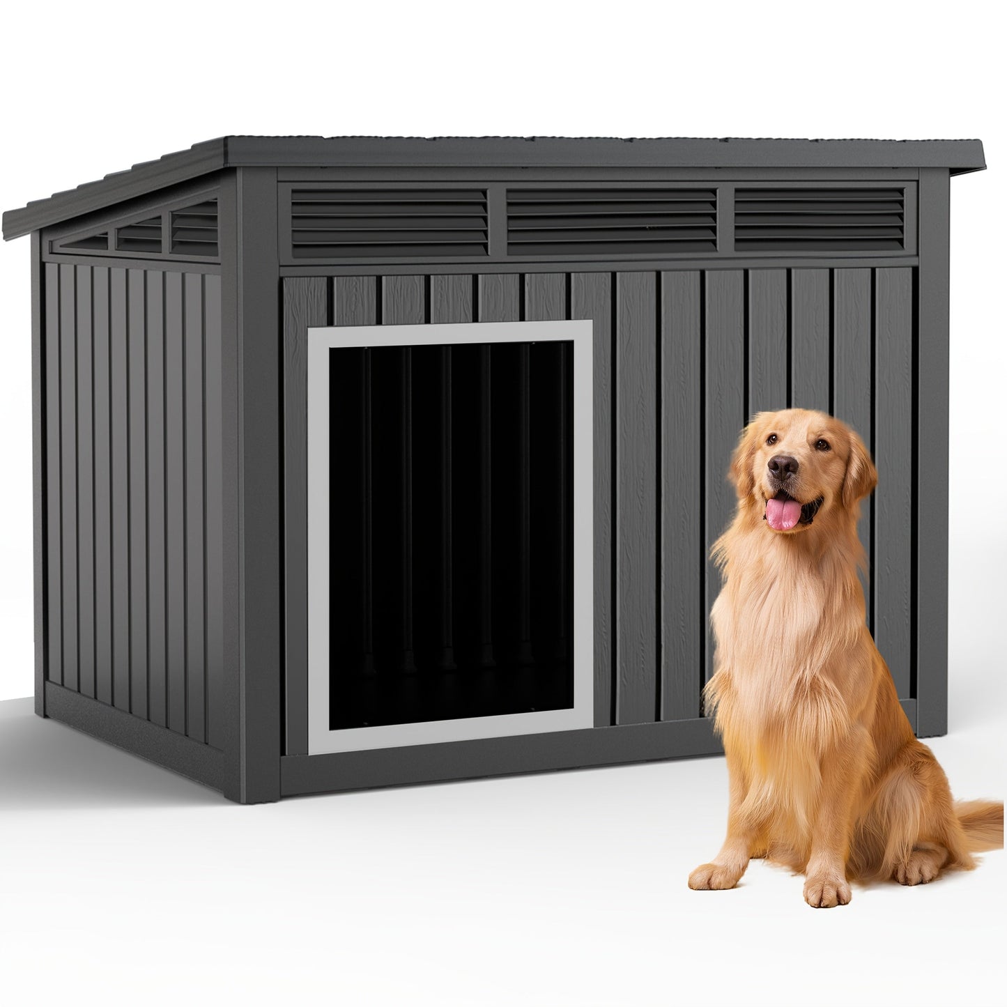 Outdoor Dog House Resin Kennel – All-Weather Slant Roof Dog Villa with Gas-Lift Ventilated Canopy, UV & Stormproof, Removable Top, Indoor Outdoor Shelter for Large Dogs & Multi-Pet Households