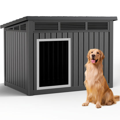 Outdoor Dog House Resin Kennel – All-Weather Slant Roof Dog Villa with Gas-Lift Ventilated Canopy, UV & Stormproof, Removable Top, Indoor Outdoor Shelter for Large Dogs & Multi-Pet Households