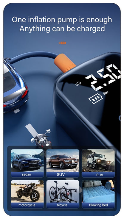 Portable Tire Inflator Air Compressor 150PSI 100W Cordless 4000mAh Digital Display 5 Modes USB-C Fast Charge for Car Motorcycle Bicycle Ball Auto Shut-Off Yellow Blue Black Silver