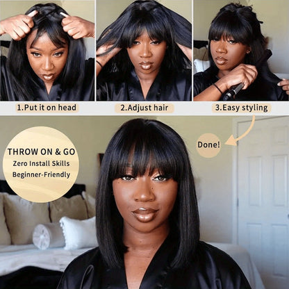 Straight Bob Wig with Bangs Human Hair 3x1 Lace Part Pre-Plucked Glueless Brazilian Short Bob 150 Density 1B/30 Highlight Natural Black 10-12 Inch Women
