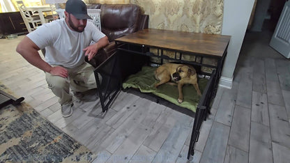 Dog Crate Furniture 43 Inch Corner Indoor Kennel, Heavy Duty Engineered Wood Dog Cage with Side Door for Large Medium Breeds, Vintage Style Pet Crate End Table