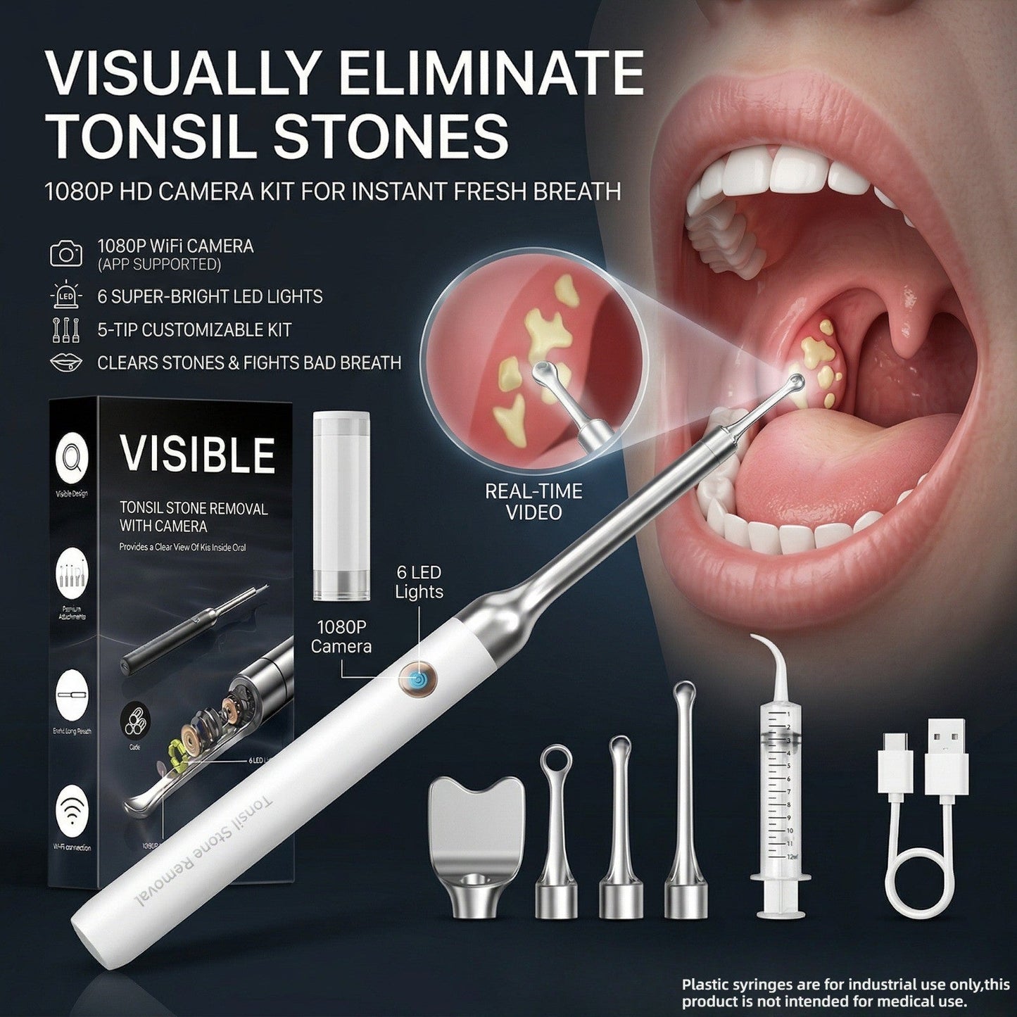 Tonsil Stone Remover with Camera 1080P HD Visual Oral Care Kit - 6 LED Lights, 5 Stainless Steel Tips, Wi-Fi App Control, USB-C Rechargeable Bad Breath Treatment Tool for iOS & Android