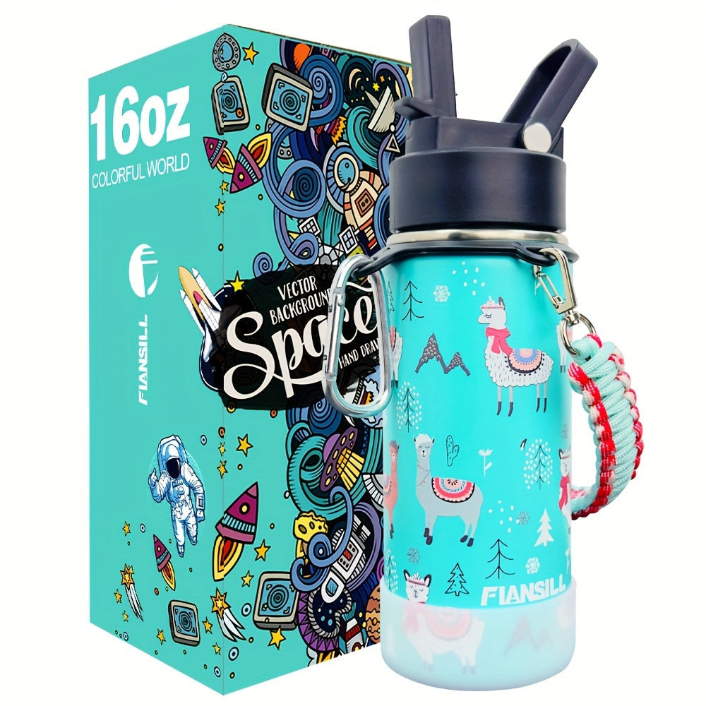 Kids Insulated Water Bottle 16oz with 3D Print Design - Stainless Steel Vacuum Flask, Leak-Proof BPA-Free, One-Hand Lid, Woven Strap & Carabiner, Perfect Student Gift for Boys & Girls, 8 Fun Styles