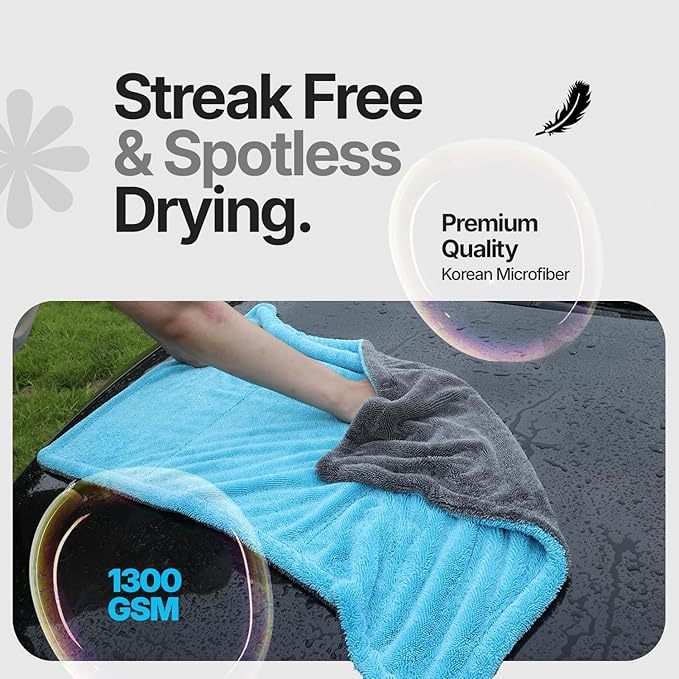 Extra Large Pack of 2 Double Twisted Loop Quick-Drying Towel | 24X36 Inches 1400GSM And 12X12 Inches | High Absorbency | Leaving No Streaks | Designed for Car Detailing