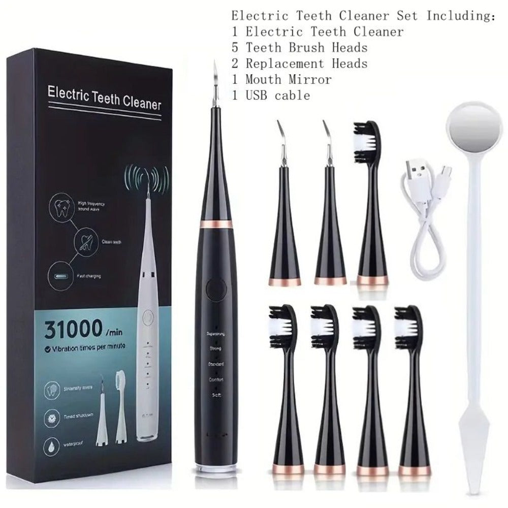 Electric Teeth Cleaner Kit USB Rechargeable – 5 Cleaning Modes Dental Scaler Plaque Tartar Remover Gum Health Tool for Adults Family Holiday Gift Set Black White Green