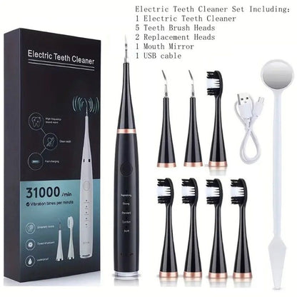 Electric Teeth Cleaner Kit USB Rechargeable – 5 Cleaning Modes Dental Scaler Plaque Tartar Remover Gum Health Tool for Adults Family Holiday Gift Set Black White Green