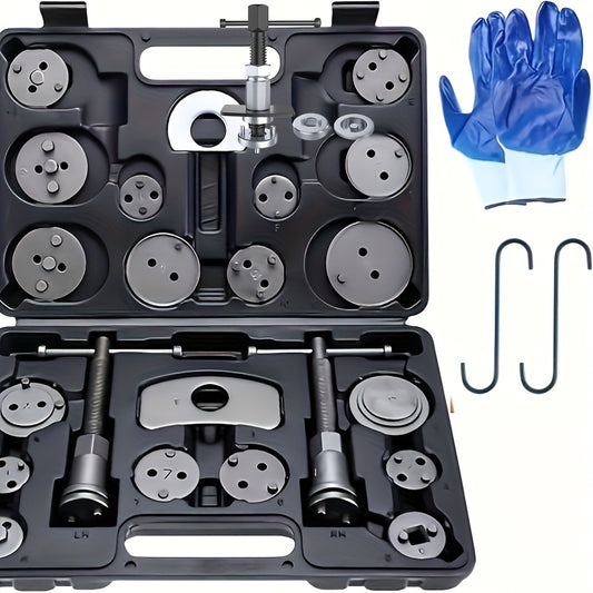 Brake Caliper Wind Back Tool Kit, 26pcs Brake Caliper Compression Tool Set With Thrust Bolt Assemblies Retaining Plates Caliper Hangers 18 Disc Adapters, Brake Caliper Tool, Blue Case, Without Battery