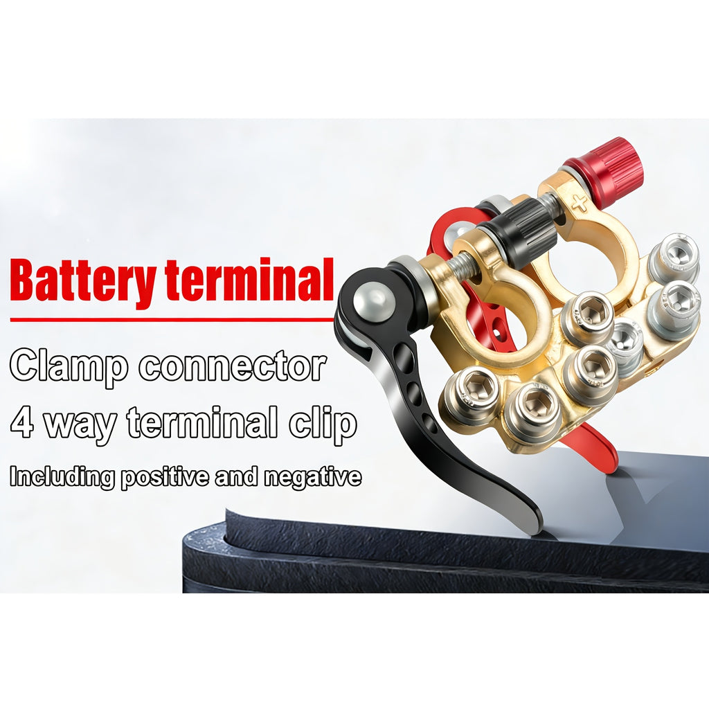 Connector for Car Battery Terminals, Featuring a 4-Way Quick Disconnect Clip for Both Positive And Negative Connections, Made of Solid Polished Brass That Is Resistant to Corrosion And Built to Last for Automobiles, Trucks, And Other Vehicles