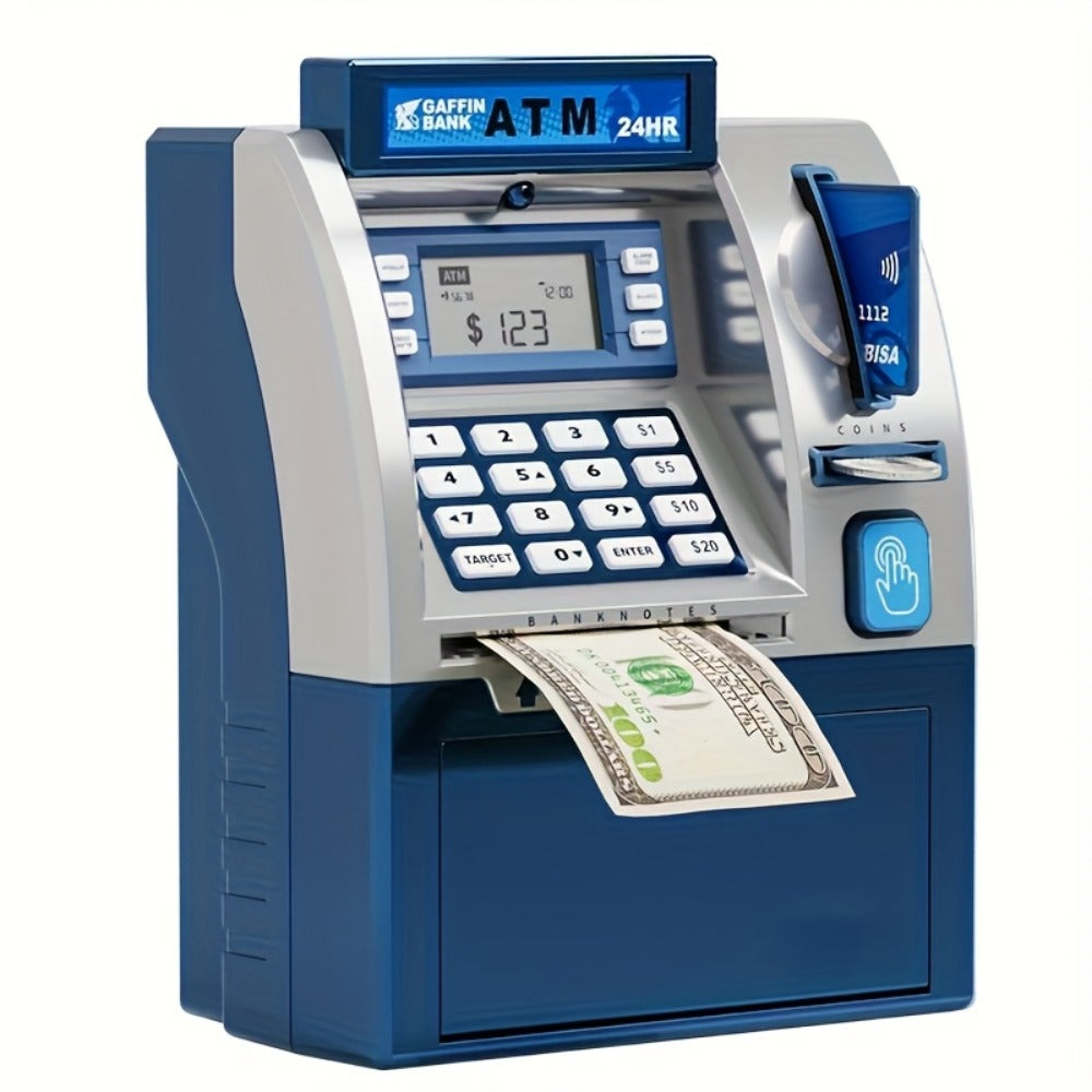 Electronic ATM Kids Piggy Bank with Password – Banknote & Coin Savings Bank for Boys Girls, Birthday Gift, Christmas Gift, Interactive Money Bank Toy, Black & Blue