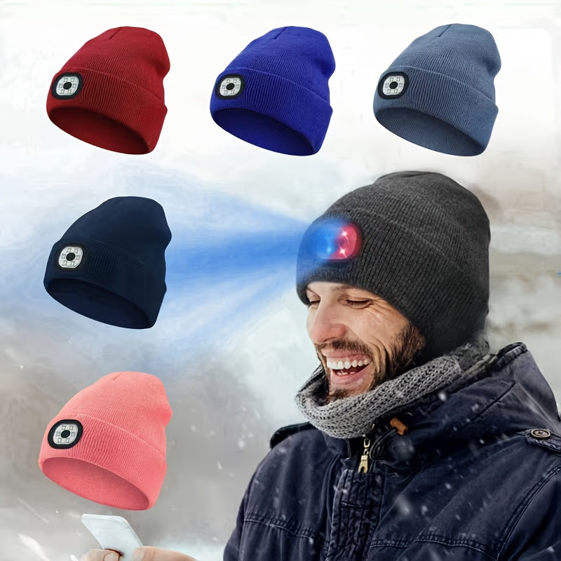 LED Knit Beanie with USB Rechargeable Lights – Light-Up Acrylic Knit Hat for Running, Hiking & Outdoor Activities, Stretchy Unisex Winter Beanie with Built-In LED Headlamp, Lightweight & Warm