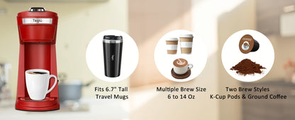 Single Serve Coffee Maker 2-in-1 for K-Cup Pods and Ground Coffee One-Button Operation 6-14oz Brew Sizes Auto Shut-Off Stainless Steel Drip Coffee Machine Blue Black Red Grey