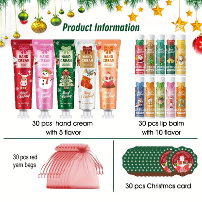 Bulk Gift Set 120 Pieces Lip Balm & Hand Cream with Red Velvet Bags & Holiday Cards — Moisturizing Party Favors for Colleagues, Employees & Friends