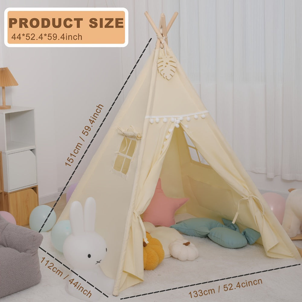 Kids Nordic Style Conical Indoor Play Tent – Teepee Playhouse for Boys & Girls, Beige, No Bottom Pad | Cozy Reading Nook & Imaginative Play Space | Birthday Christmas Gift