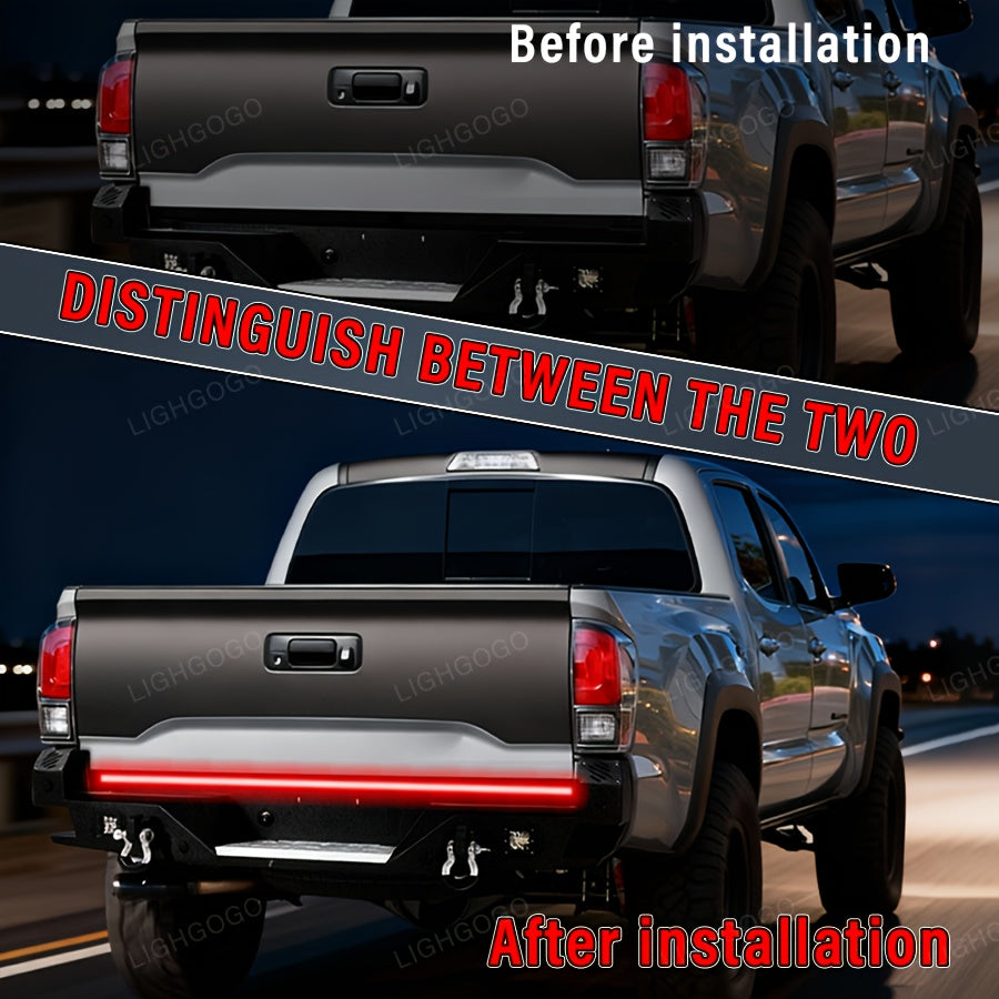 47. 24 Inch Long LED Light Strip Designed for Off-Road Vehicles, Featuring Arrow Shapes And Flowing Red And Yellow Lights. This Car Atmosphere Light Strip Serves As a Decorative Neon Addition to The Back of a Truck And Makes for a Considerate Gift