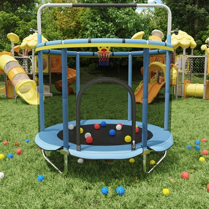 60 Inch Trampoline with Enclosure and Gymnastics Bar – 440 Lbs Capacity Height Adjustable Indoor Outdoor Round Trampoline with Toys for Kids | Best Birthday Gift for Boys and Girls