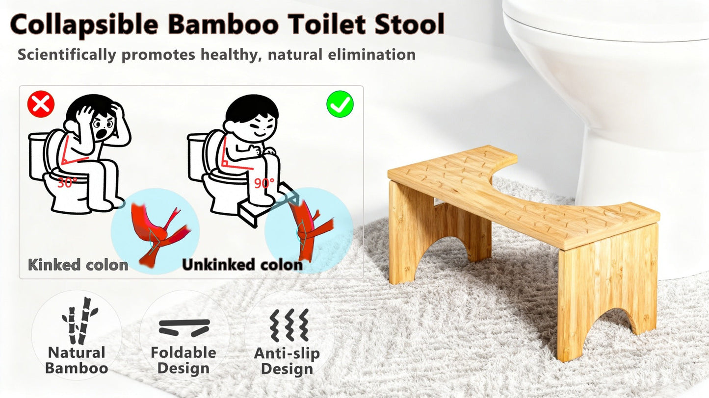 Toilet Stool Foldable Bamboo Squatting Stool – Ergonomic 7-Inch Height for Natural Constipation Relief | Collapsible Non-Slip Bathroom Footstool for Space Saving, Travel & Easy Storage