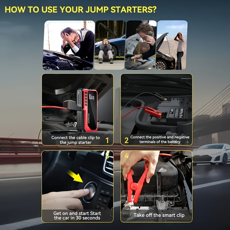 6000A/11000A Peak Jump Starter with Digital Tire Inflator Air Compressor, Multi-Function Car Jump Box Equipped with Smart Anti-Burn Battery Clips & LED Flashlight, Portable Emergency Power Bank for Car, RV, Motorcycle Vehicle Roadside Tools, Giftable