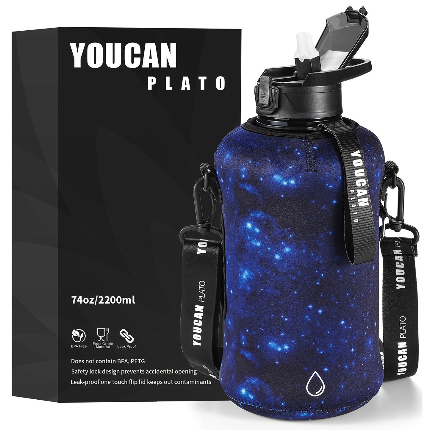 Half Gallon Water Bottle 74oz with Insulated Sleeve, Straw & Time Marker – BPA Free Leakproof Large Sports Jug with Carrying Handle & Strap for Gym, Fitness & Outdoor