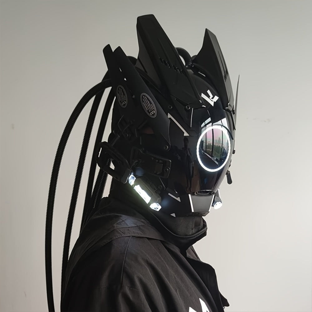 LED Cyberpunk Samurai Mask with Braids – Futuristic Sci-Fi Mechanical Face Mask for Halloween, Cosplay, Music Festival & Rave Party, Blue Green Pink, Free Helmet Included, Adult Gift