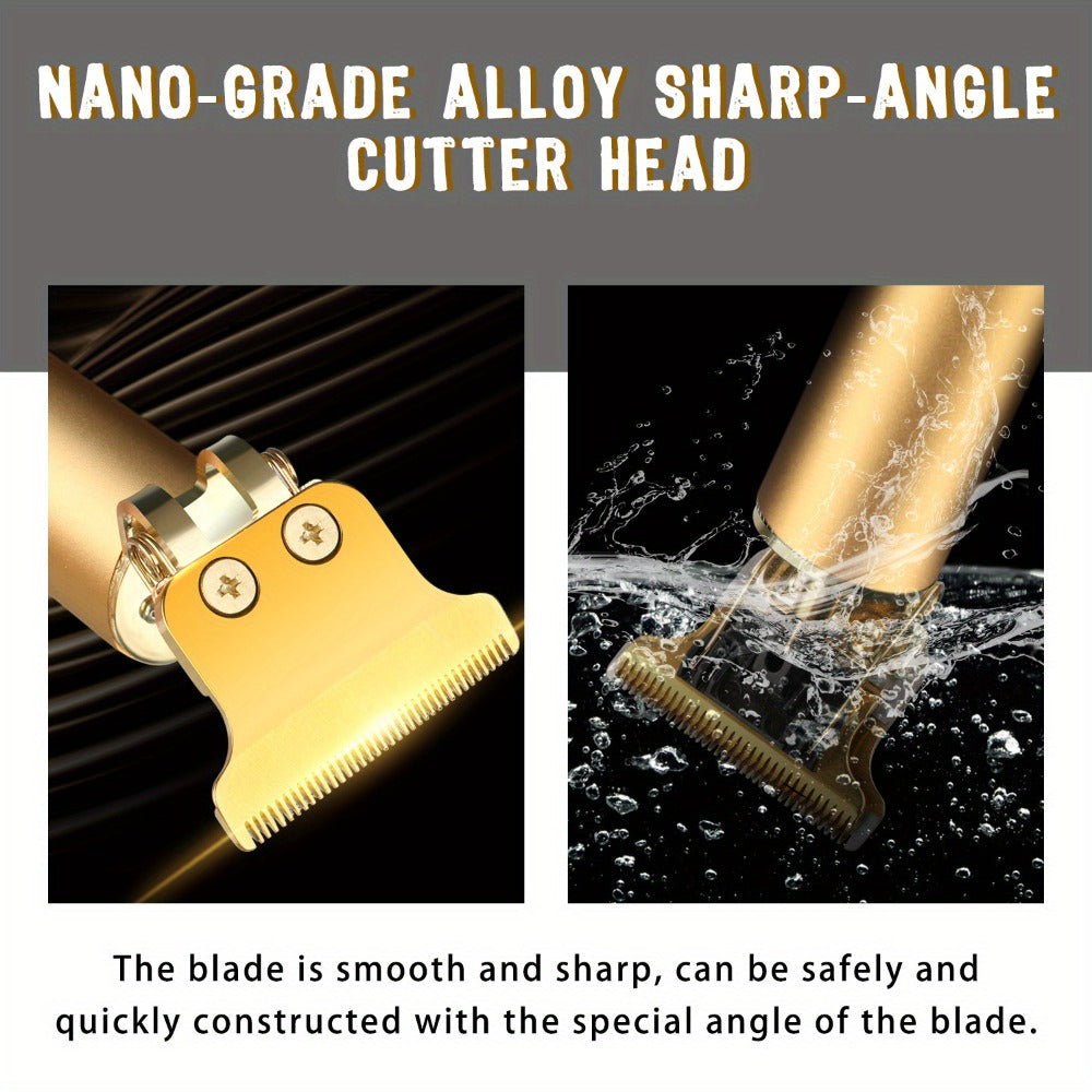 T-Blade Trimmer for Men Cordless Rechargeable - Nano Titanium Alloy Blades LED Display 4 Guide Combs 1.5-4mm - Pro Electric Hair Clipper for Hairline Fade Outline Beard Sculpting Black & Gold