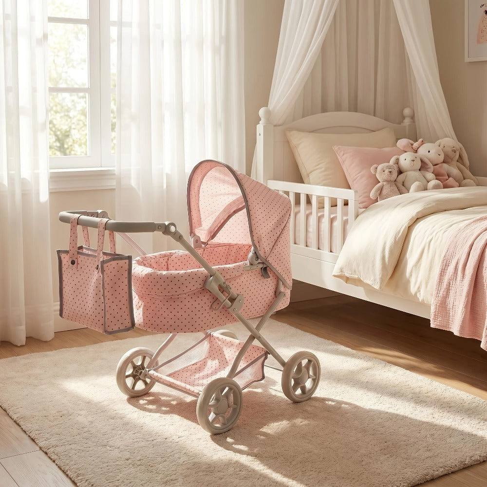 3-in-1 Baby Doll Stroller Set Pink Foldable Pram with Bassinet & Carry Bag for 14-24 Inch Dolls Swivel Wheels Adjustable Handle Nursery Role Play Gift for Girls Ages 3-12 (No Doll)