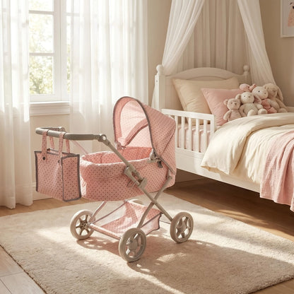 3-in-1 Baby Doll Stroller Set Pink Foldable Pram with Bassinet & Carry Bag for 14-24 Inch Dolls Swivel Wheels Adjustable Handle Nursery Role Play Gift for Girls Ages 3-12 (No Doll)