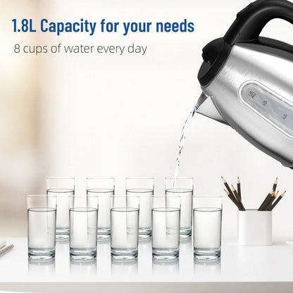 Electric Kettle 1200W Fast Boiling 1.8L Stainless Steel BPA-Free Auto Shut-Off Boil-Dry Protection 360 Swivel Base for Coffee Tea Kitchen Camping Office Home