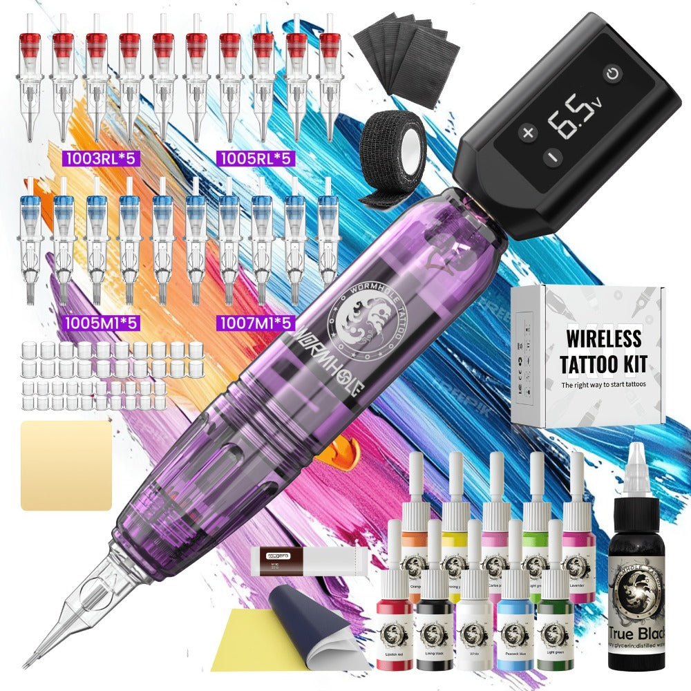 WORMHOLE Professional Wireless Tattoo Pen Kit – All-in-One Beginner & Artist Set with 8000RPM Quiet Motor, 1200mAh Battery, Digital Display, Cartridge Needles, Inks & Practice Skin