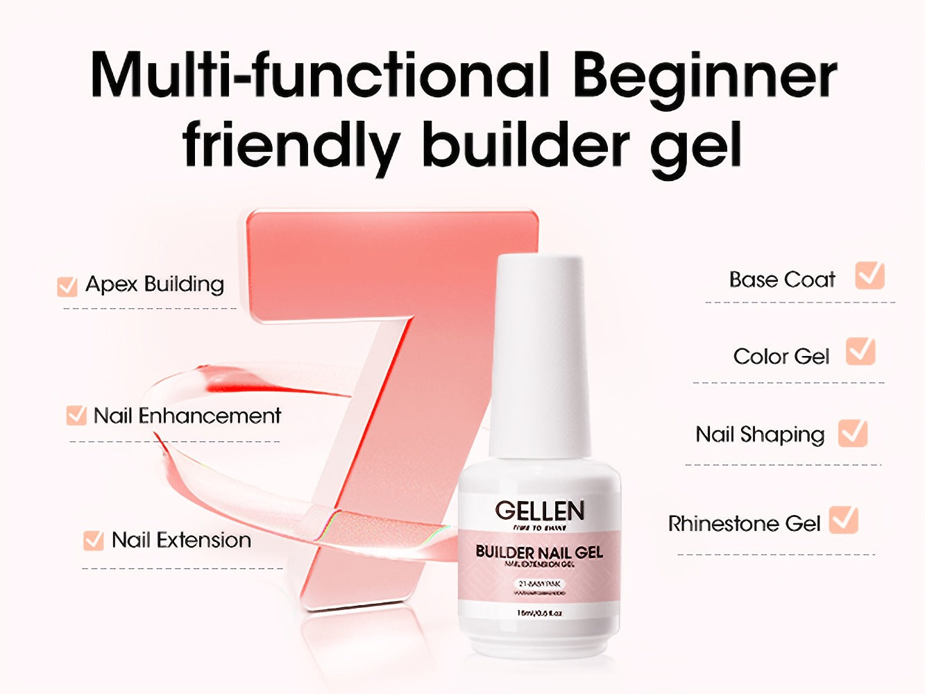 Hard Gel Nail Extension Builder Gel 7-in-1 Self-Leveling – 28+ Day Wear, LED UV Cured, 15ml, Clear Pink Nude Baby Pink Milky White, Acrylic Alternative for DIY Salon Manicure Women Nail Technicians