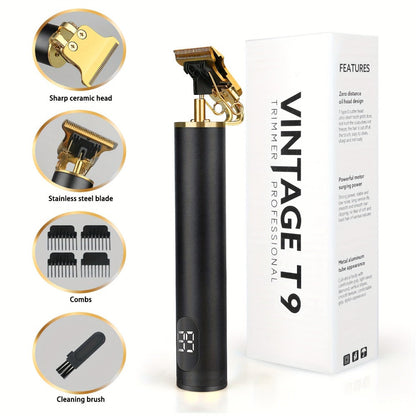 T-Blade Trimmer for Men Cordless Rechargeable - Nano Titanium Alloy Blades LED Display 4 Guide Combs 1.5-4mm - Pro Electric Hair Clipper for Hairline Fade Outline Beard Sculpting Black & Gold