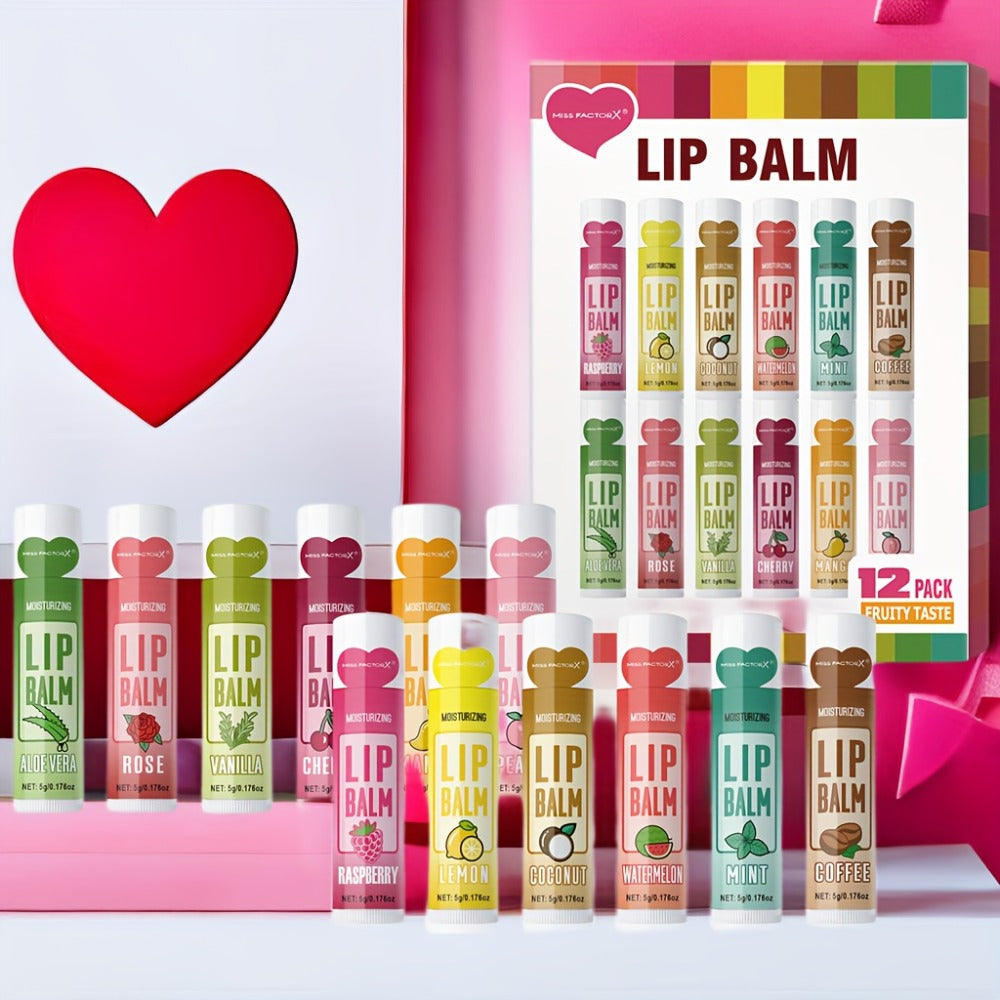 Lip Butter Set 12 Pieces Fruity Scent - Hypoallergenic Glycerin Formula, Glossy Hydrating Lip Balm for All Skin Types, Unisex Daily Lip Care, Valentine Gift for Women