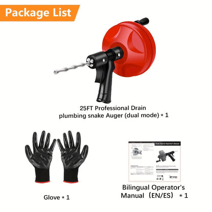 Drain Snake Auger 25ft with Drill Adapter - Heavy Duty Manual & Drill-Powered Plumbing Snake, 1/4" Spiral Head for 1-1/4" to 3" Pipes, Clog Remover for Shower Sink Toilet Bathtub, Gloves Included