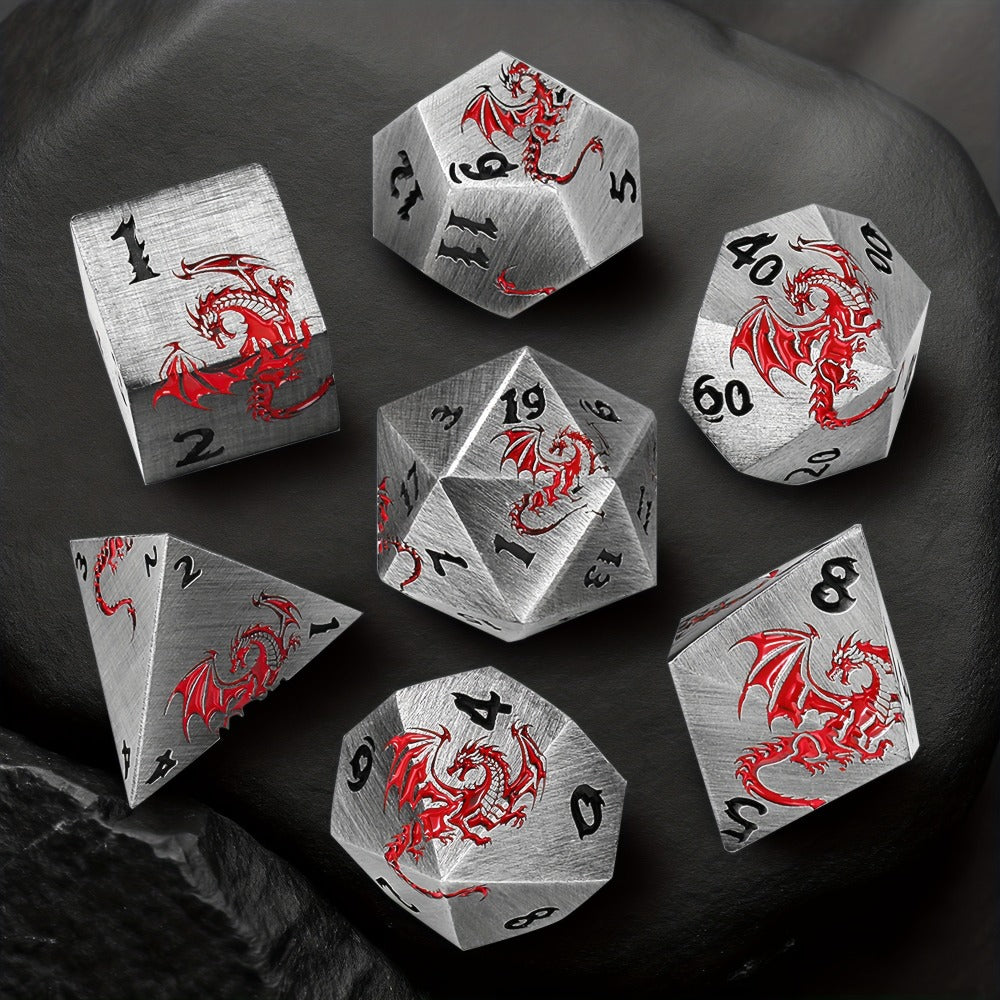 Dragon Metal Dice Set 7pcs Hand-Polished – Retro Carved Dragon Pattern Polyhedral DnD TTRPG RPG Dice with Dragon Storage Bag, D4 D6 D8 D10 D12 D20, Bronze Silver Black Blue White Cyan