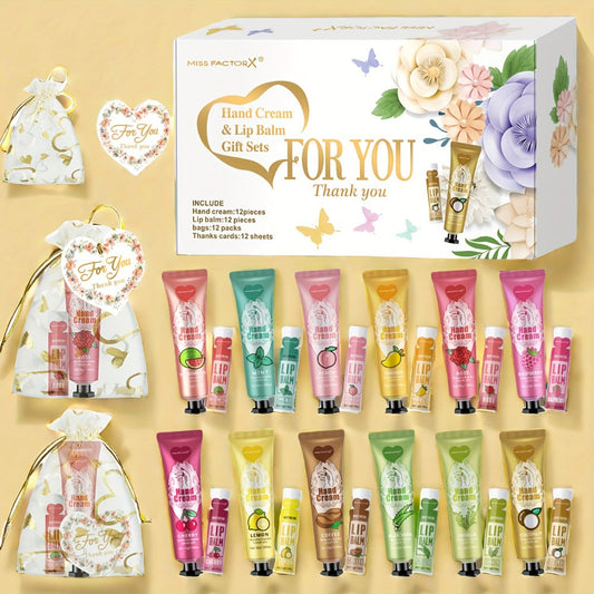 Shea Butter Hand Cream and Lip Balm Gift Set - Deep Moisturizing Skincare Bundle for Dry Cracked Skin, Vitamin E Natural Body Care Kit, Birthday & Holiday Gift for Women