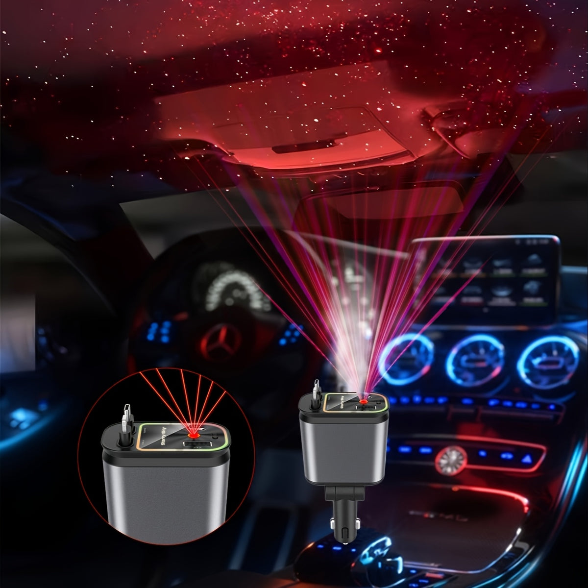 Star Projection Night Light Charger, LED Decorative Romantic Roof Ceiling Light, 4-In-1 Fast Charging USB Car Adapter, 66W with 2.6Ft Retractable Cable, Adjustable Orientation And 2 USB Ports, Perfect for Apple And for Android Phone Holiday Gifts