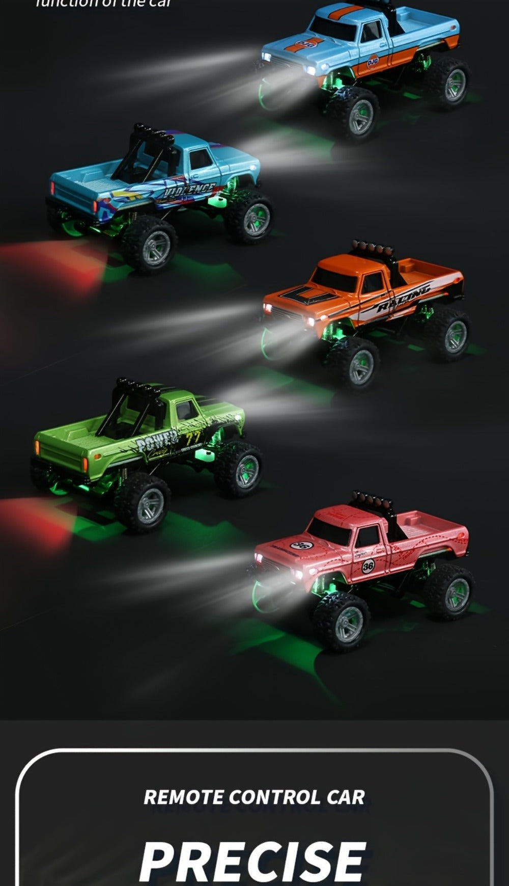 Mini RC Truck 1:64 Scale with Trailer – 2.4GHz Alloy Remote Control Monster Off-Road Pickup with LED Body Lights & Headlights, Rock Crawler Toy for Boys, Birthday Christmas Gift Green Gray Blue
