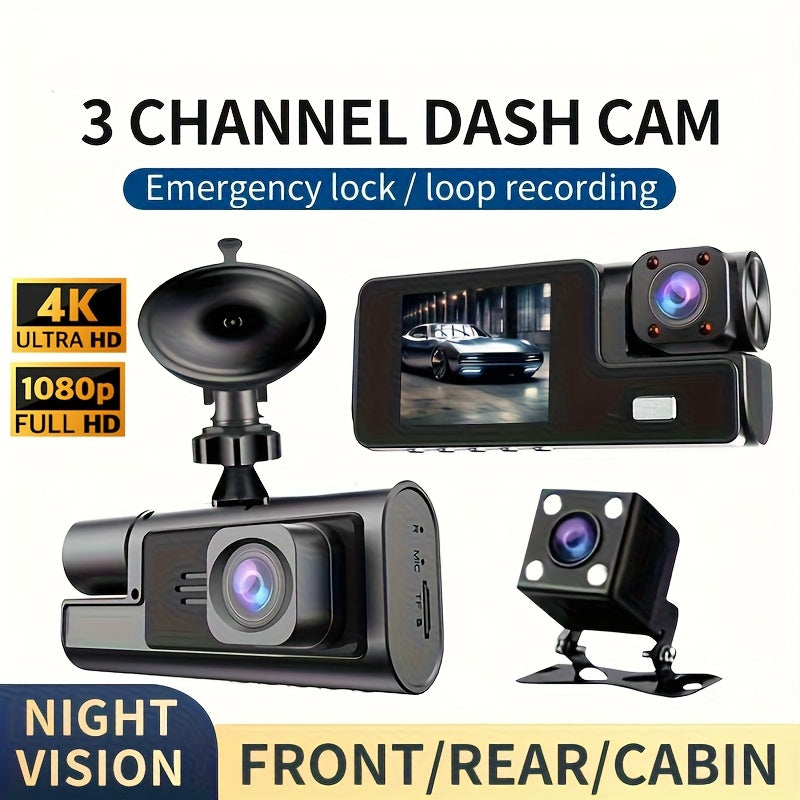 Front 4K And 4K Internal Plus 1080P Rear Free 32GB Memory Card, 3-Channel Driving Recorder, High-Definition Resolution, Ultra-Wide-Angle Reversing Vision, Real-Time Recording, with Airborne Black Box, High-Definition Night Vision, G Sensor