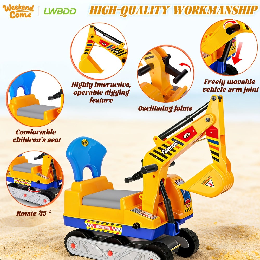 Ride-On Excavator Toy for Kids with Manual Digging Arm – Sit-In Construction Vehicle Scooter for Boys Girls Ages 3+ Outdoor Sandbox Digger Birthday Gift Supports up to 52.7 lbs