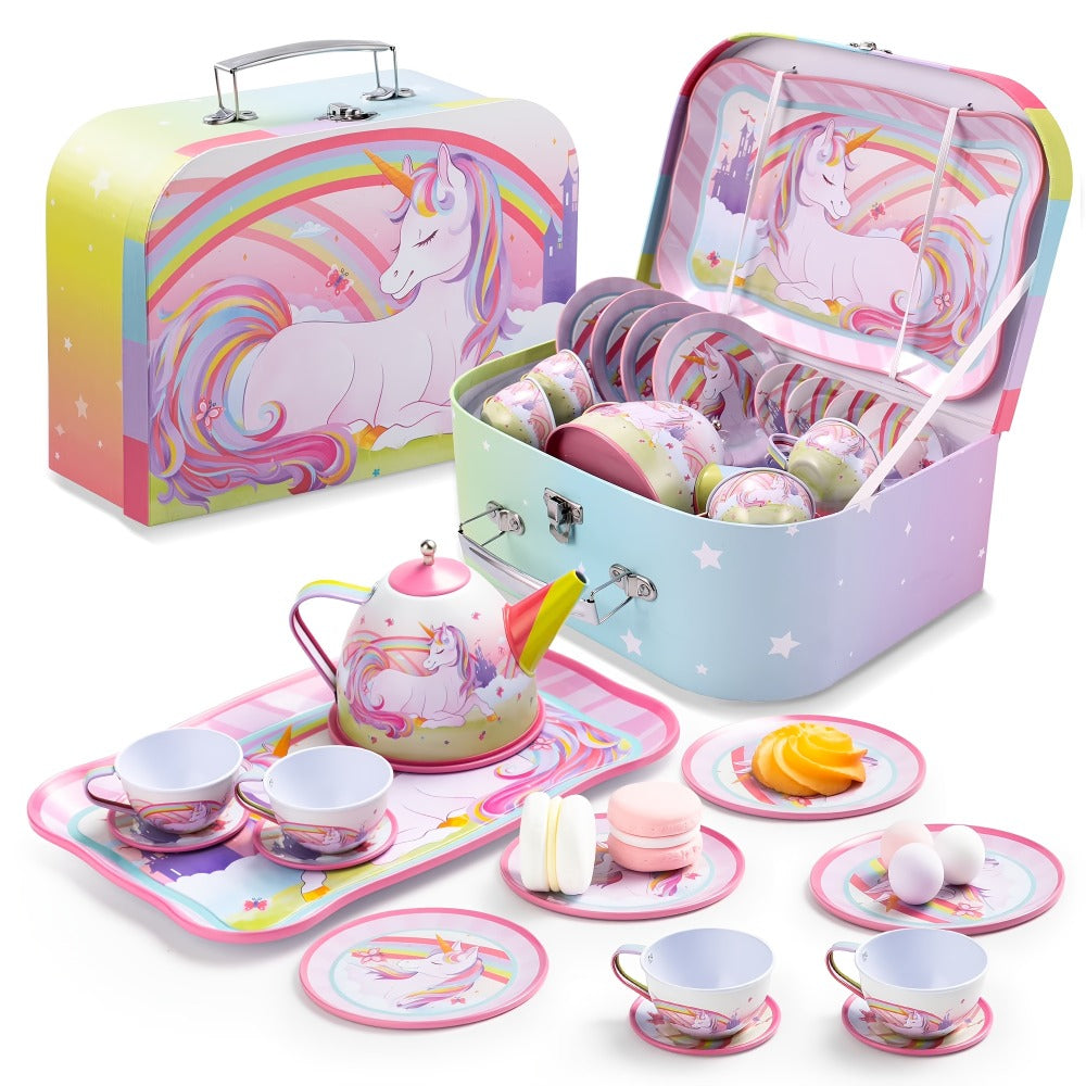 Unicorn Tea Party Set for Girls – Pretend Play Pink Tin Teapot with Cups, Plates & Carrying Case, Magical Rainbow Design, Birthday Christmas Gift for Kids Ages 3+