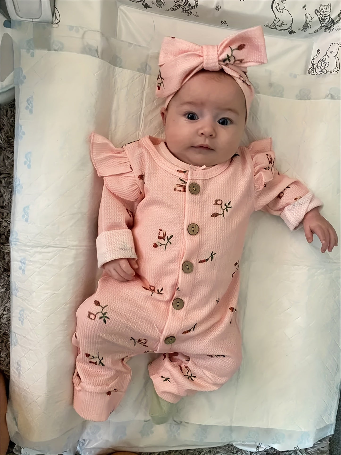 Baby Girls Outfit Set - Floral Ruffle Waffle Knit